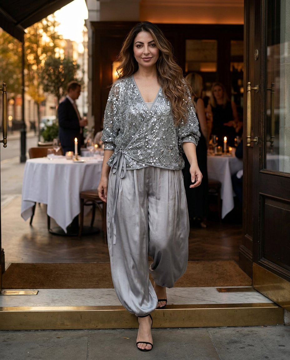 Grey Velvet Wedding Guest Satin Pant Set Grey Pant Set with Wide-Leg silhouette and Satin texture, editorial ecommerce scene for Wedding Guest, a fall city dinner, Fall current summer selling first with a light late-summer/pre-fall accent: make it wearabl by floravincie