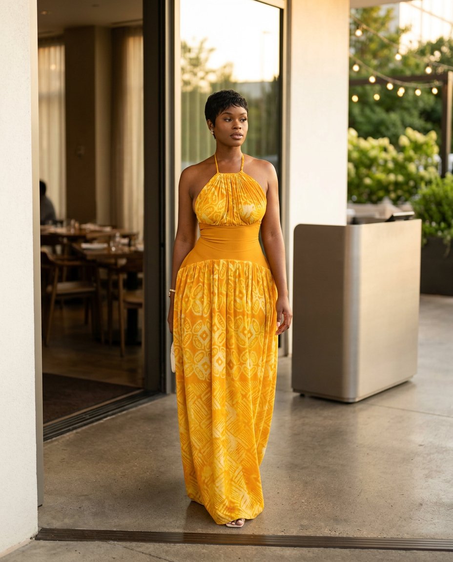 Butter Yellow Velvet Wedding Guest Abstract Print Maxi Dress Butter Yellow Maxi Dress with Flowing silhouette and Textured texture, editorial ecommerce scene for Wedding Guest, an office-to-dinner transition, Fall current summer selling first with a light by floravincie