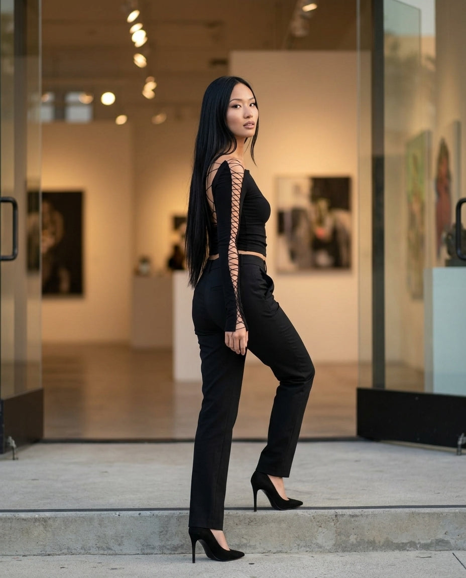 Black Velvet Wedding Guest Lace Skirt Set Black Skirt Set with Cropped silhouette and Textured texture, editorial ecommerce scene for Wedding Guest, a fall city dinner, Fall current summer selling first with a light late-summer/pre-fall accent: make it we by floravincie