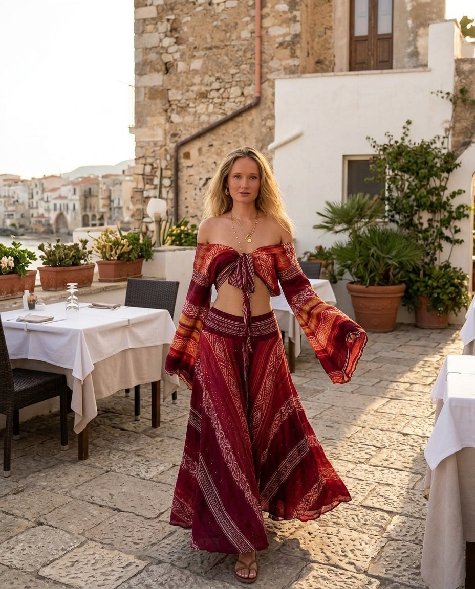 Red Reverie Wedding Guest Printed Skirt Set Red Skirt Set with Wide-Leg silhouette and Textured texture, editorial ecommerce scene for Wedding Guest, a gallery evening, Fall current summer selling first with a light late-summer/pre-fall accent: make it we by floravincie