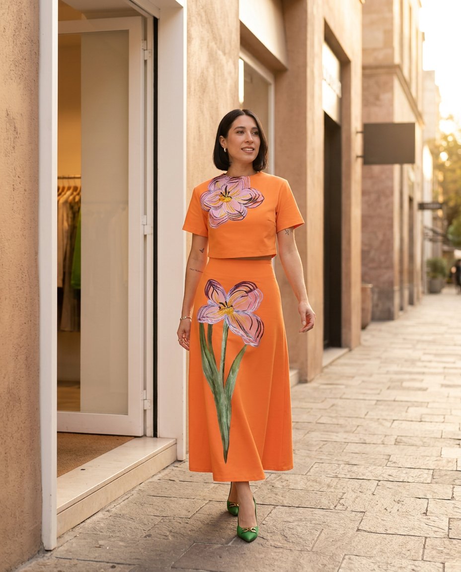 Orange Whisper Wedding Guest Floral Skirt Set Orange Skirt Set with Asymmetric silhouette and Textured texture, editorial ecommerce scene for Wedding Guest, a gallery evening, Fall current summer selling first with a light late-summer/pre-fall accent: mak by floravincie