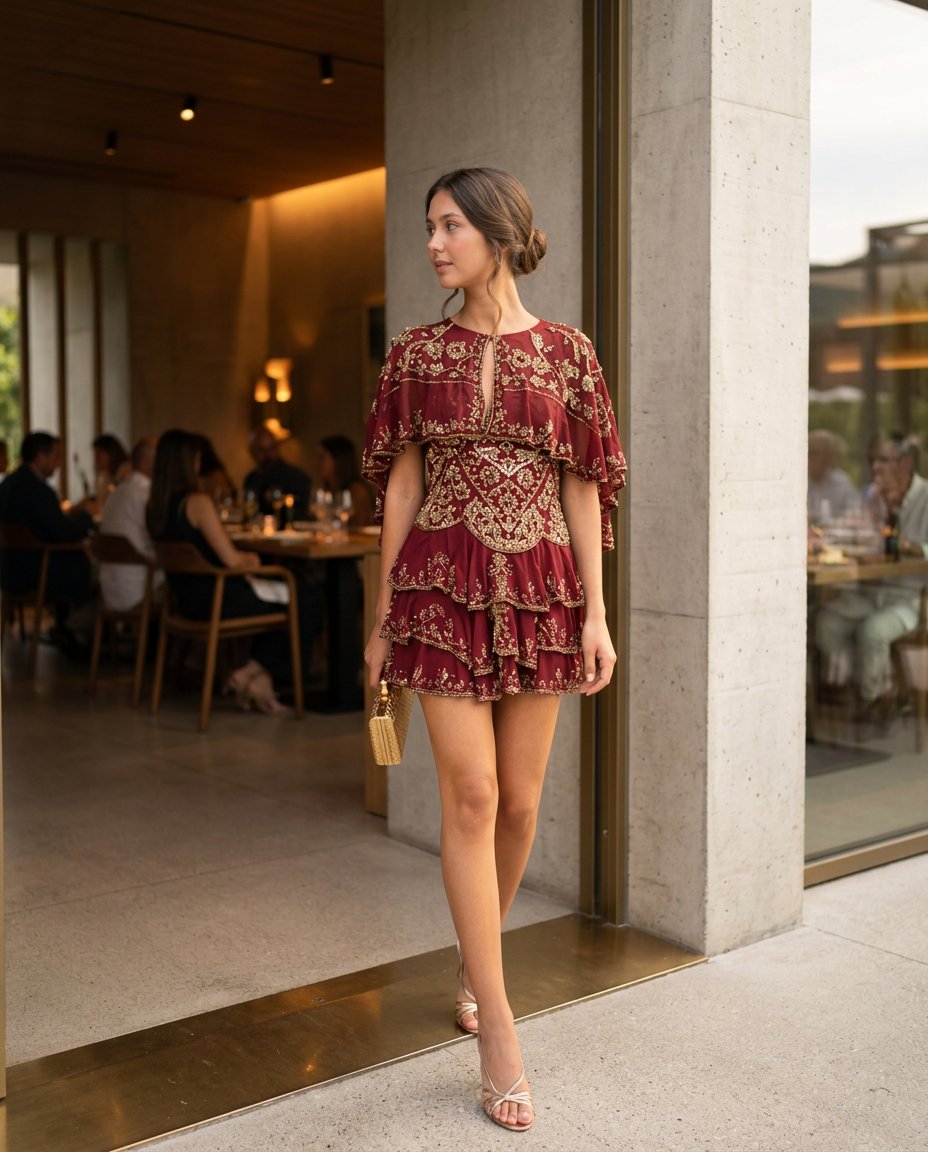 Burgundy Bloom Wedding Guest Embroidered Romper Burgundy Romper with Relaxed Fit silhouette and Textured texture, editorial ecommerce scene for Wedding Guest, a fall city dinner, Fall current summer selling first with a light late-summer/pre-fall accent: by floravincie