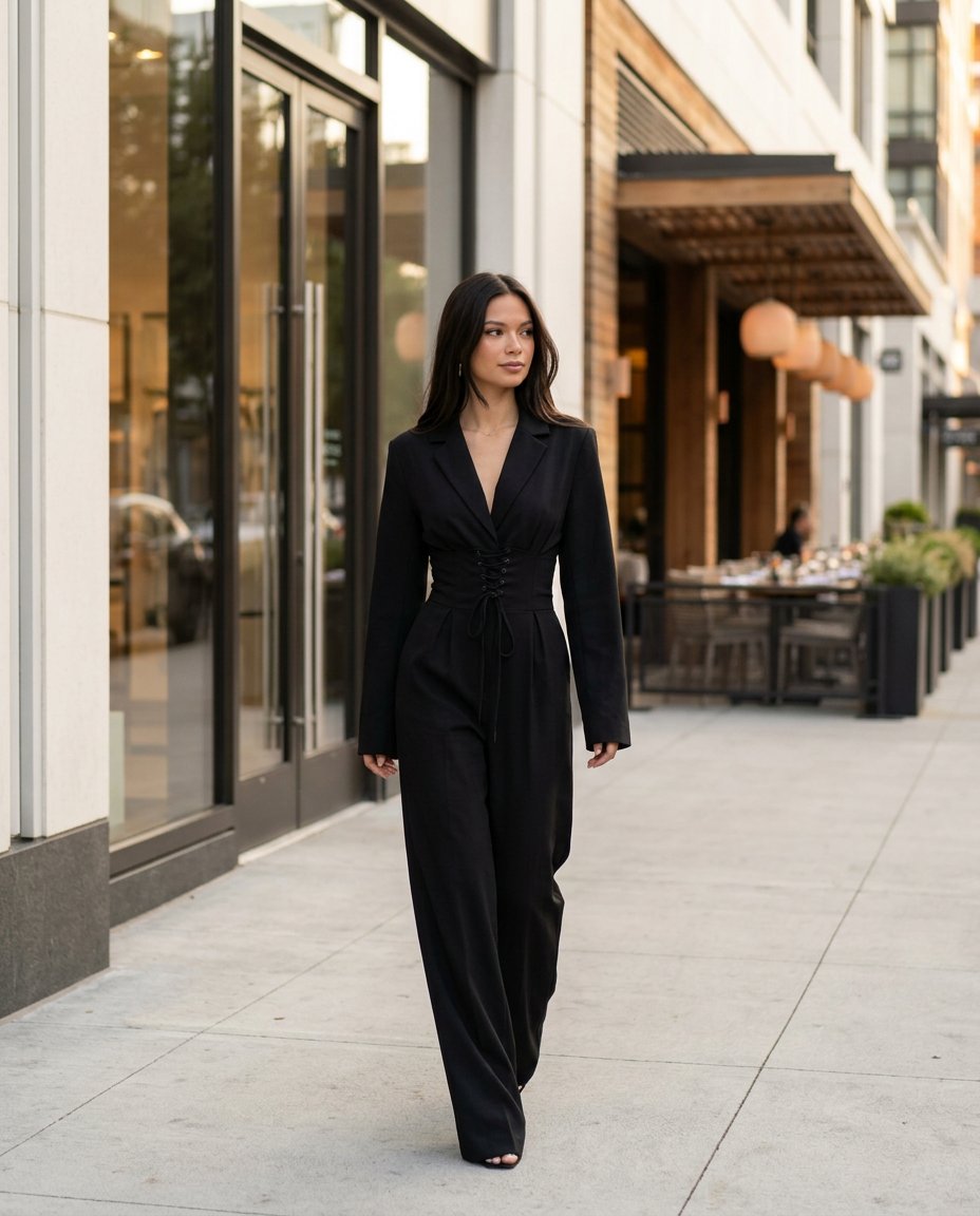 Black Bloom Wedding Guest Textured Jumpsuit Black Jumpsuit with Wide-Leg silhouette and Textured texture, editorial ecommerce scene for Wedding Guest, a cafe plan, Fall current summer selling first with a light late-summer/pre-fall accent: make it wearabl by floravincie