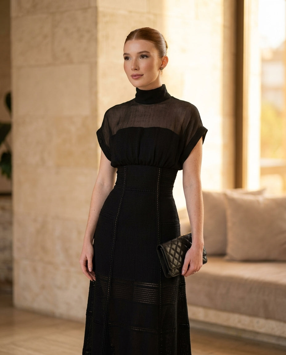 Black Charm Evening Lace Maxi Dress Black Maxi Dress with Asymmetric silhouette and Textured texture, editorial ecommerce scene for Date Night, a Palm Springs weekend, US Coastal Glam