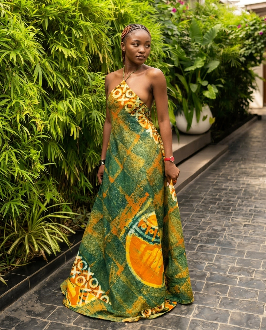 Sage Velvet Resort Abstract Print Maxi Dress Sage Maxi Dress with Relaxed Fit silhouette and Textured texture, editorial ecommerce scene for Resort Wear, a polished coastal brunch, US East / Hamptons Elite