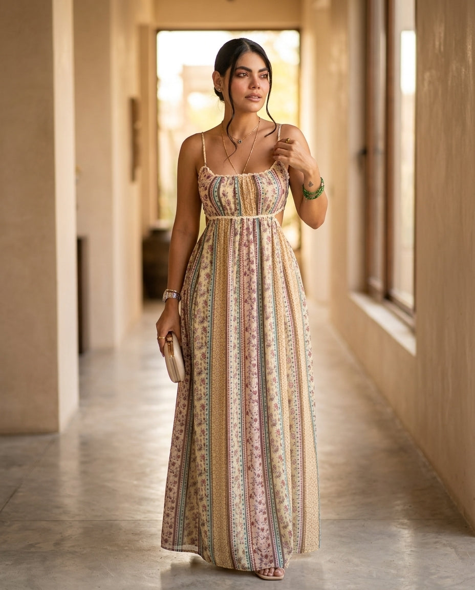 Butter Yellow Allure Resort Floral Maxi Dress Butter Yellow Maxi Dress with Relaxed Fit silhouette and Textured texture, editorial ecommerce scene for Resort Wear, Sunset in Malibu, US Coastal Glam