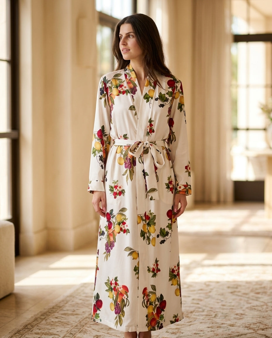 Ivory Aura Resort Printed Jacket Ivory Jacket with Asymmetric silhouette and Satin texture, editorial ecommerce scene for Resort Wear, a London dinner reservation, Euro Chic Premium