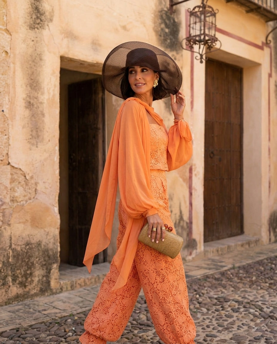 Orange Grace Summer Lace Jacket Orange Jacket with Wide-Leg silhouette and Textured texture, editorial ecommerce scene for Business Casual, Evening in Amalfi, Euro Chic Premium