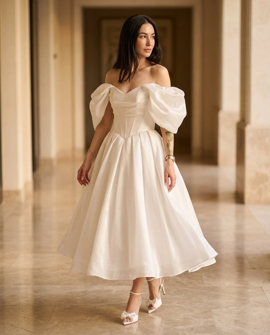 Ivory Velvet Evening Satin Maxi Dress Ivory Maxi Dress with Structured silhouette and Satin texture, editorial ecommerce scene for Date Night, a private garden lunch, US East / Hamptons Elite
