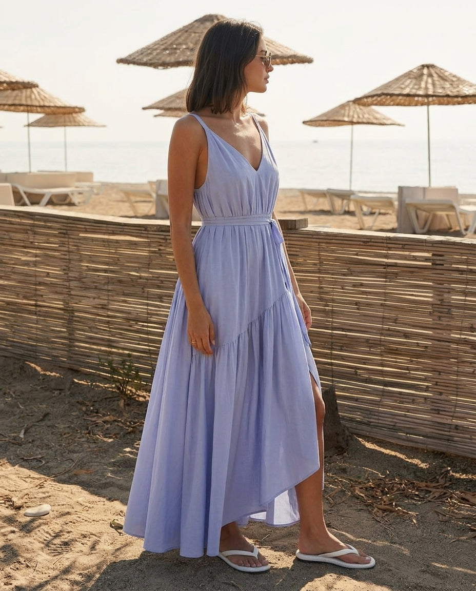 Lavender Velvet Resort Tiered Maxi Dress Lavender Maxi Dress with Relaxed Fit silhouette and Textured texture, editorial ecommerce scene for Resort Wear, Coffee in Marais, Euro Chic Premium by floravincie