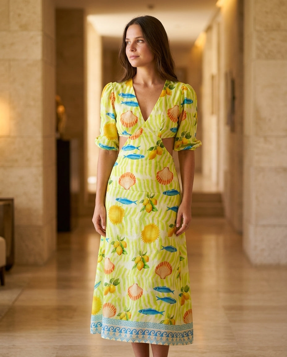 Butter Yellow Velvet Resort Embroidered Maxi Dress Butter Yellow Maxi Dress with Relaxed Fit silhouette and Textured texture, editorial ecommerce scene for Resort Wear, a polished coastal brunch, US East / Hamptons Elite by floravincie