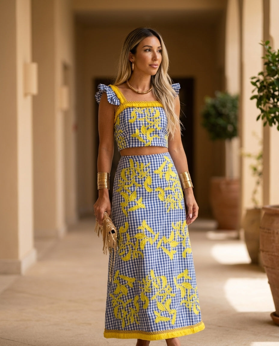 Blue Velvet Resort Embroidered Skirt Set Blue Skirt Set with Asymmetric silhouette and Textured texture, editorial ecommerce scene for Resort Wear, Sunset in Malibu, US Coastal Glam by floravincie
