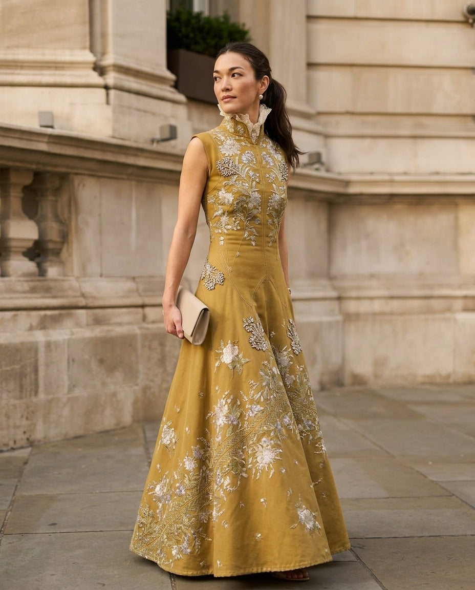 Mustard Yellow Grace Summer Embroidered Maxi Dress Mustard Yellow Maxi Dress with Relaxed Fit silhouette and Textured texture, editorial ecommerce scene for Wedding Guest, an estate dinner at golden hour, US East / Hamptons Elite by floravincie