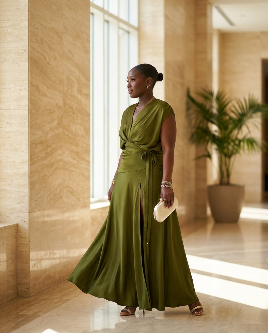 Olive Green Grace Summer Satin Maxi Dress Olive Green Maxi Dress with Asymmetric silhouette and Satin texture, editorial ecommerce scene for Resort Dinner, Brunch in SoHo, US Coastal Glam by floravincie