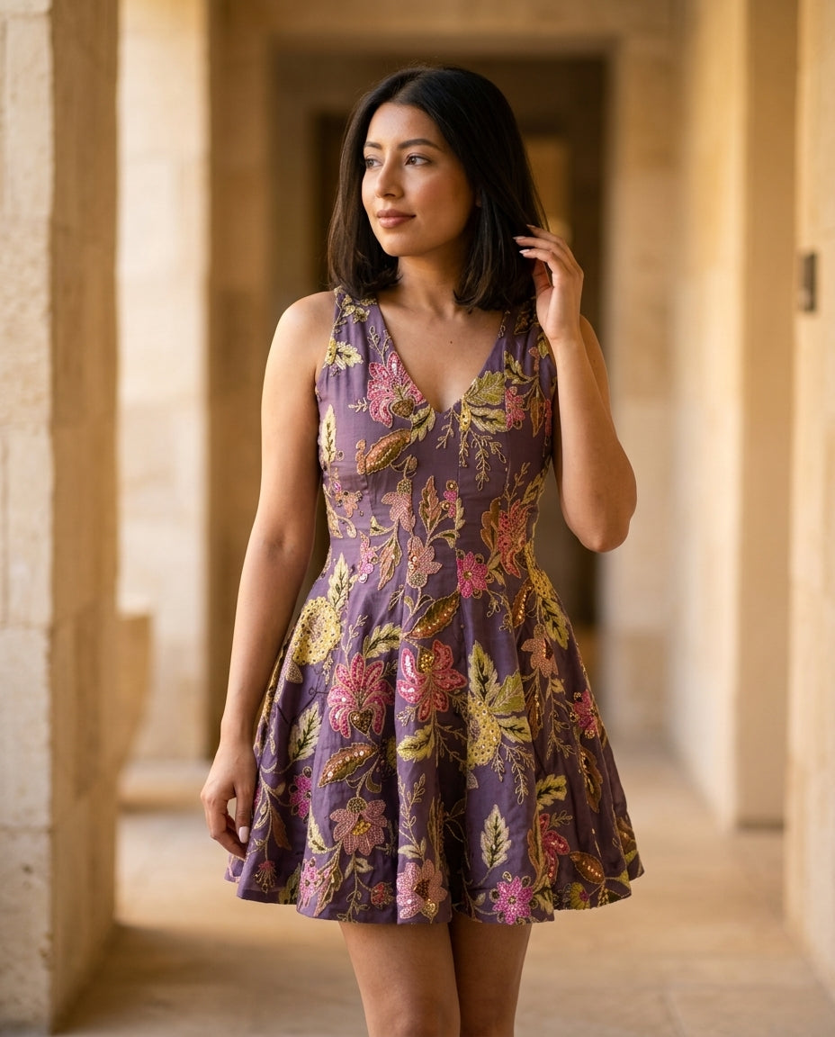 Lilac Reverie Resort Embroidered Romper Lilac Romper with Relaxed Fit silhouette and Textured texture, editorial ecommerce scene for Resort Wear, a rooftop dinner in LA, US Coastal Glam by floravincie