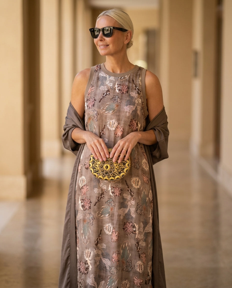 Brown Whisper Summer Embroidered Maxi Dress Brown Maxi Dress with Asymmetric silhouette and Textured texture, editorial ecommerce scene for Resort Dinner, Weekend in The Hamptons, US East / Hamptons Elite by floravincie