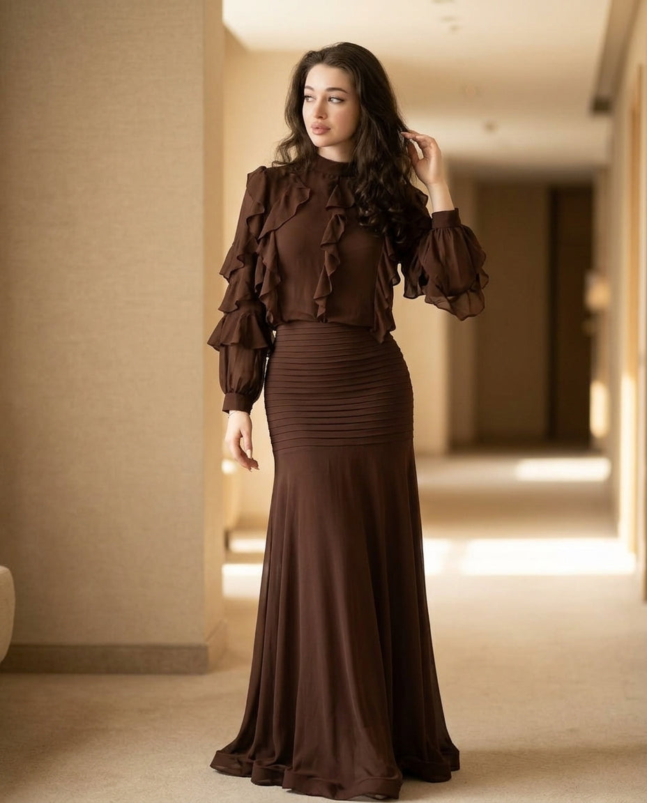 Brown Whisper Evening Ruched Maxi Dress Brown Maxi Dress with Asymmetric silhouette and Textured texture, editorial ecommerce scene for Date Night, a London dinner reservation, Euro Chic Premium by floravincie