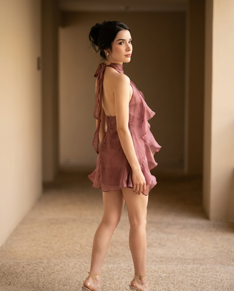 Mauve Aura Evening Ruffled Maxi Dress Mauve Maxi Dress with Asymmetric silhouette and Textured texture, editorial ecommerce scene for Date Night, a Palm Springs weekend, US Coastal Glam by floravincie