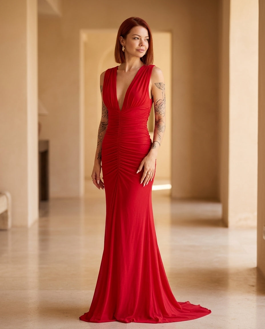 Red Aura Evening Ruched Maxi Dress Red Maxi Dress with Relaxed Fit silhouette and Ribbed Knit texture, editorial ecommerce scene for Date Night, a polished coastal brunch, US East / Hamptons Elite by floravincie