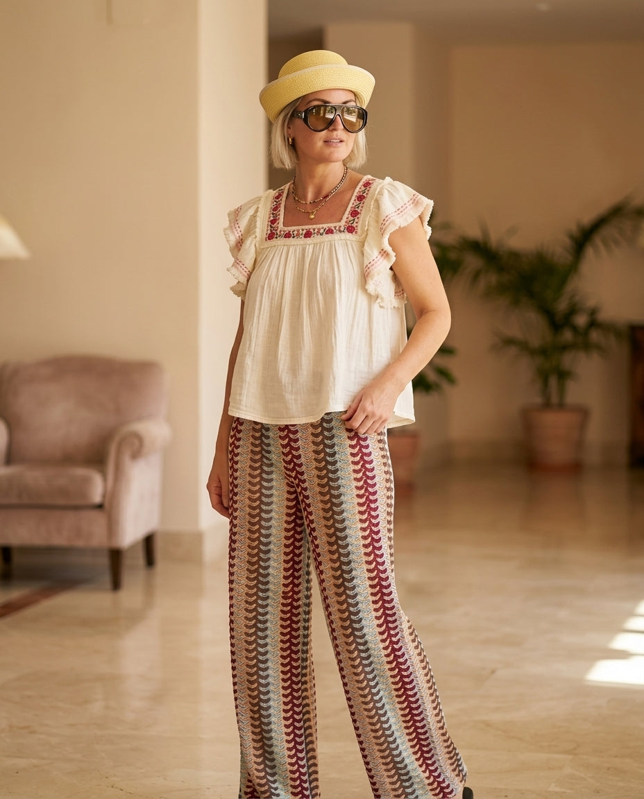 Ivory Bloom Summer Embroidered Two-Piece Set Ivory Two-Piece Set with Asymmetric silhouette and Textured texture, editorial ecommerce scene for Weekend Escape, Brunch in SoHo, US Coastal Glam by floravincie