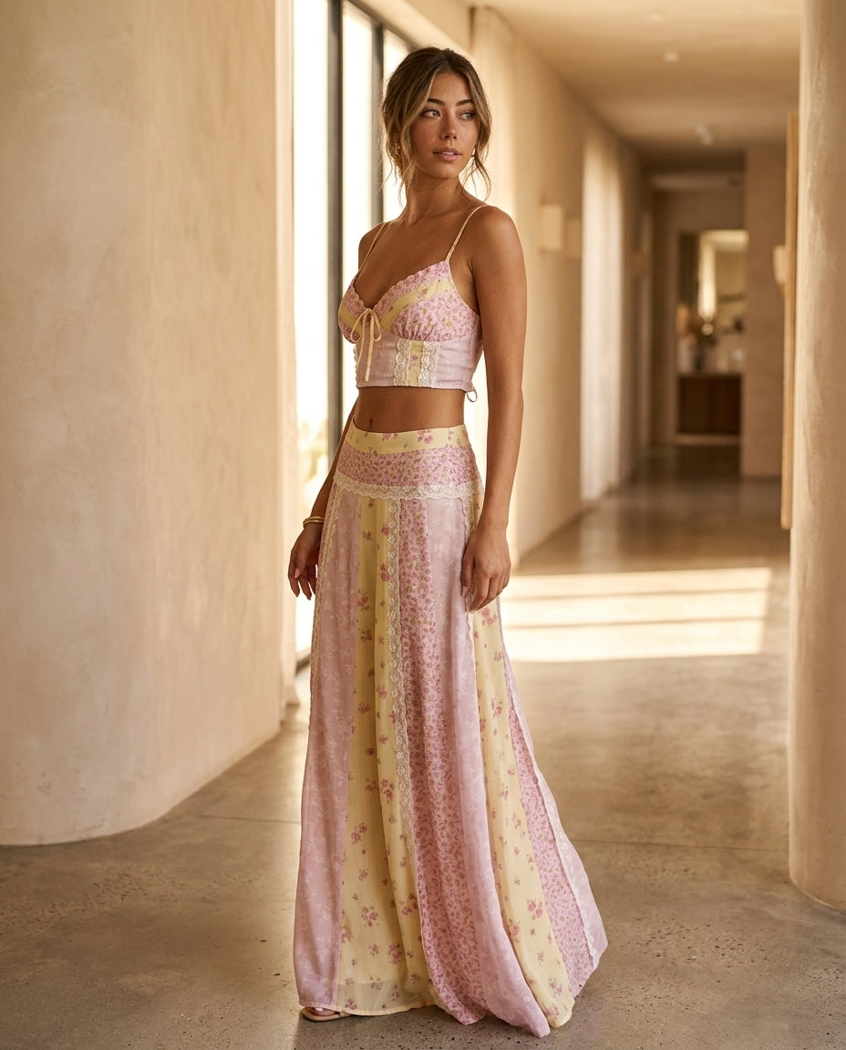 Pink Aura Resort Lace Skirt Set Pink Skirt Set with Asymmetric silhouette and Textured texture, editorial ecommerce scene for Resort Wear, Brunch in SoHo, US Coastal Glam by floravincie