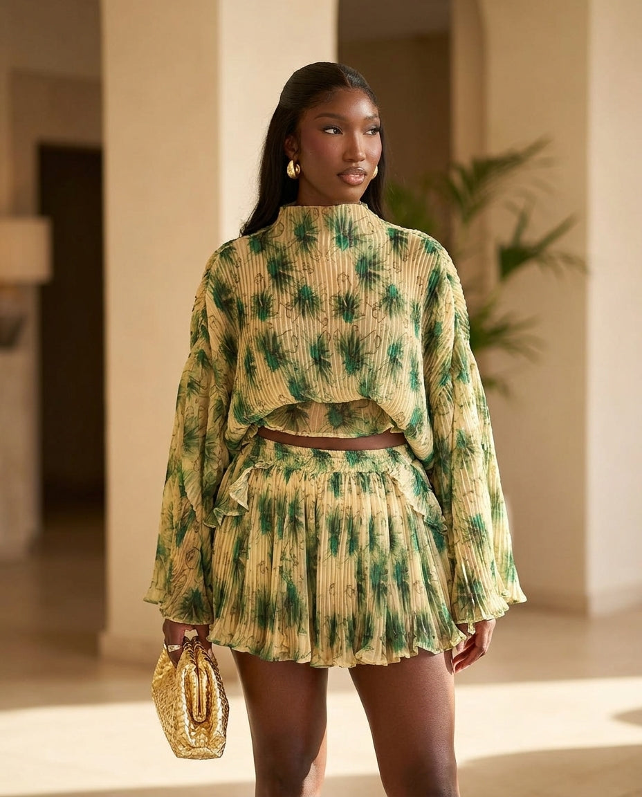 Sage Lustre Summer Pleated Romper Sage Romper with Relaxed Fit silhouette and Textured texture, editorial ecommerce scene for Resort Styling, Sunset in Malibu, US Coastal Glam by floravincie