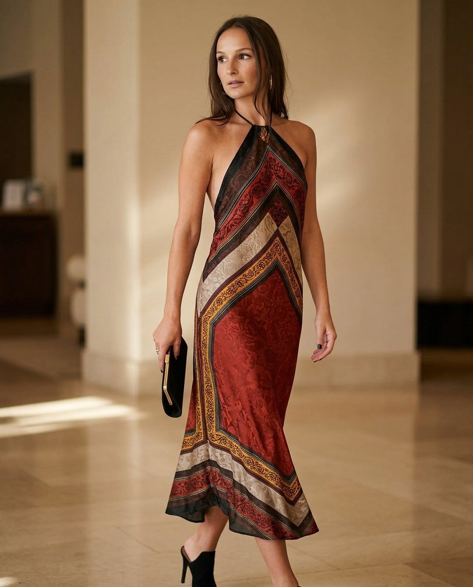 Rust Glow Resort Printed Maxi Dress Rust Maxi Dress with Relaxed Fit silhouette and Satin texture, editorial ecommerce scene for Resort Wear, Evening in Amalfi, Euro Chic Premium by floravincie