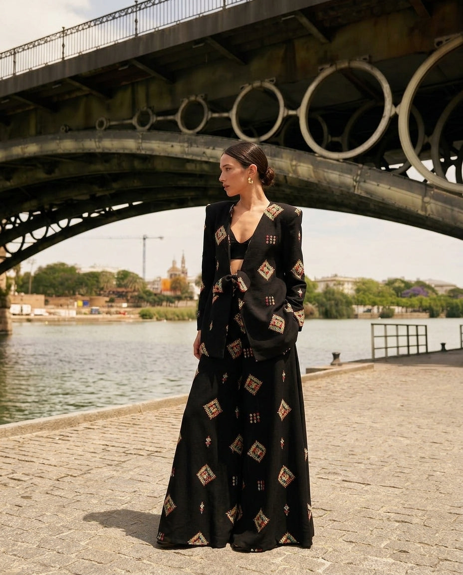 Black Bloom Summer Embroidered Jacket Black Jacket with Wide-Leg silhouette and Textured texture, editorial ecommerce scene for Office Edit, Weekend in The Hamptons, US East / Hamptons Elite by floravincie