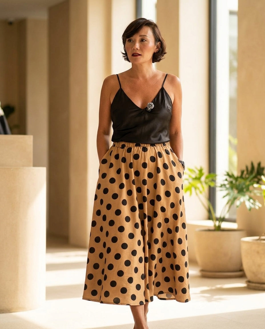 Sand Charm Summer Polka Dot Maxi Skirt Sand Maxi Skirt with Asymmetric silhouette and Textured texture, editorial ecommerce scene for Summer Edit, a London dinner reservation, Euro Chic Premium by floravincie