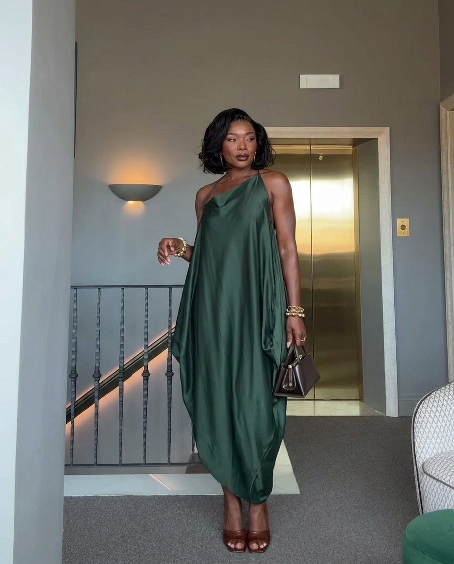 Dark Green Velvet Resort Satin Maxi Dress Dark Green Maxi Dress with Asymmetric silhouette and Satin texture, editorial ecommerce scene for Resort Wear, a gallery opening in Paris, Euro Chic Premium by floravincie