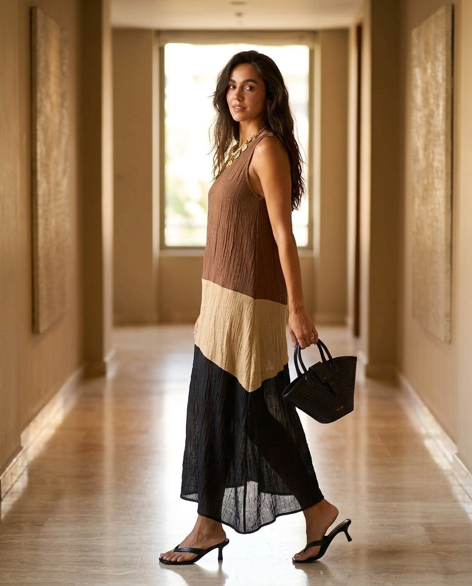 Brown Charm Resort Textured Maxi Dress Brown Maxi Dress with Asymmetric silhouette and Textured texture, editorial ecommerce scene for Resort Wear, an estate dinner at golden hour, US East / Hamptons Elite by floravincie