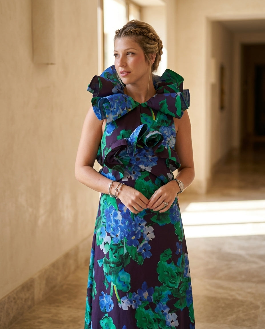 Navy Velvet Floral Maxi Dress Navy Maxi Dress with Asymmetric silhouette and Textured texture, editorial ecommerce scene for Rooftop Brunch, a rooftop dinner in LA, US Coastal Glam by floravincie