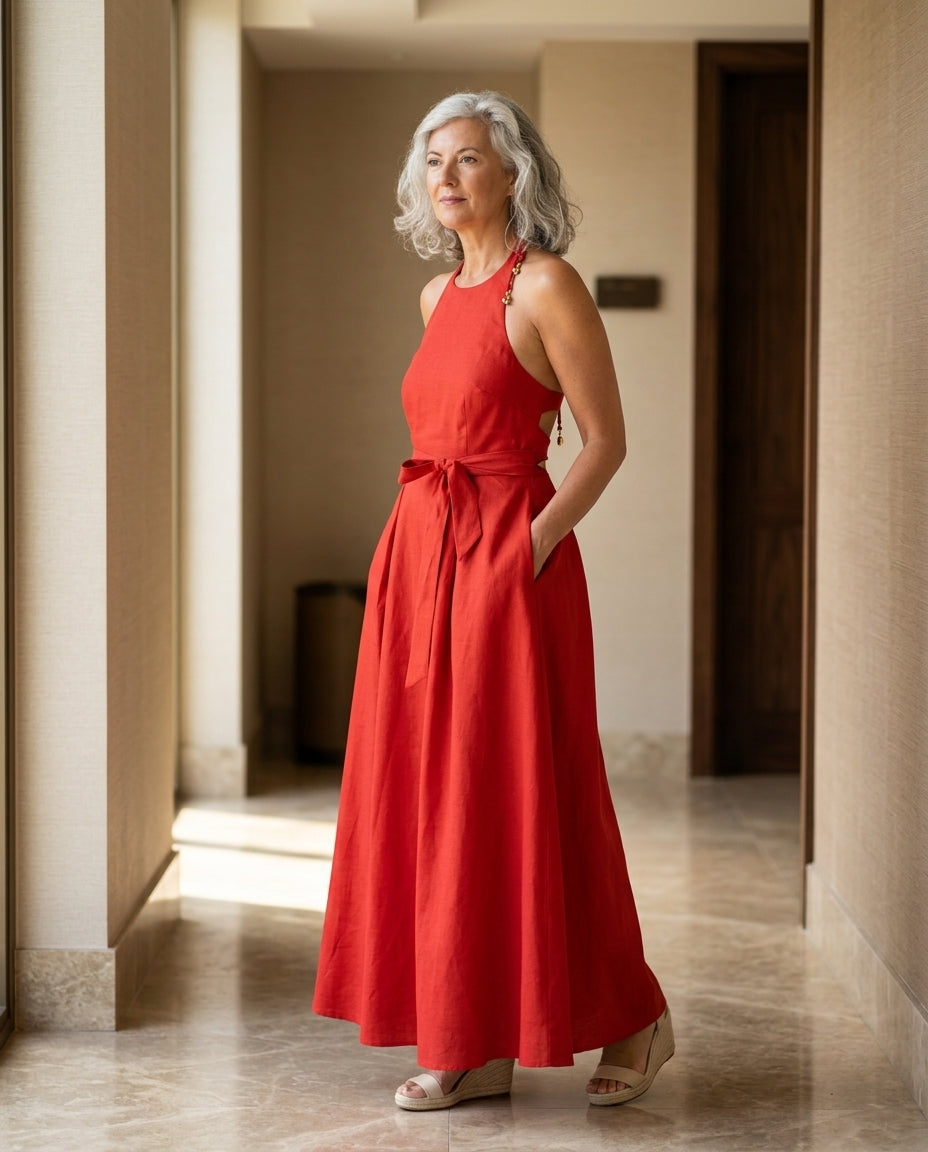 Red Velvet Resort Linen Maxi Dress Red Maxi Dress with Relaxed Fit silhouette and Linen Blend texture, editorial ecommerce scene for Resort Wear, Sunset in Malibu, US Coastal Glam by floravincie