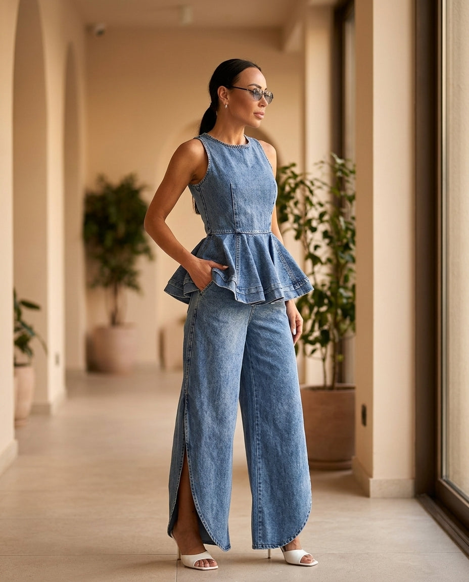 Denim Blue Bloom Summer Denim Pant Set Denim Blue Pant Set with Asymmetric silhouette and Textured texture, editorial ecommerce scene for Weekend Escape, Brunch in SoHo, US Coastal Glam by floravincie