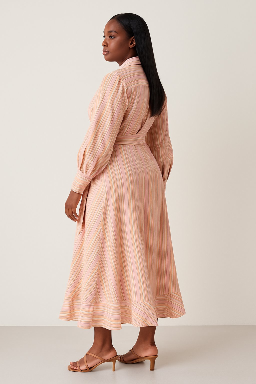 Pink Striped Waist Tie Button Front Midi Dress product image 6