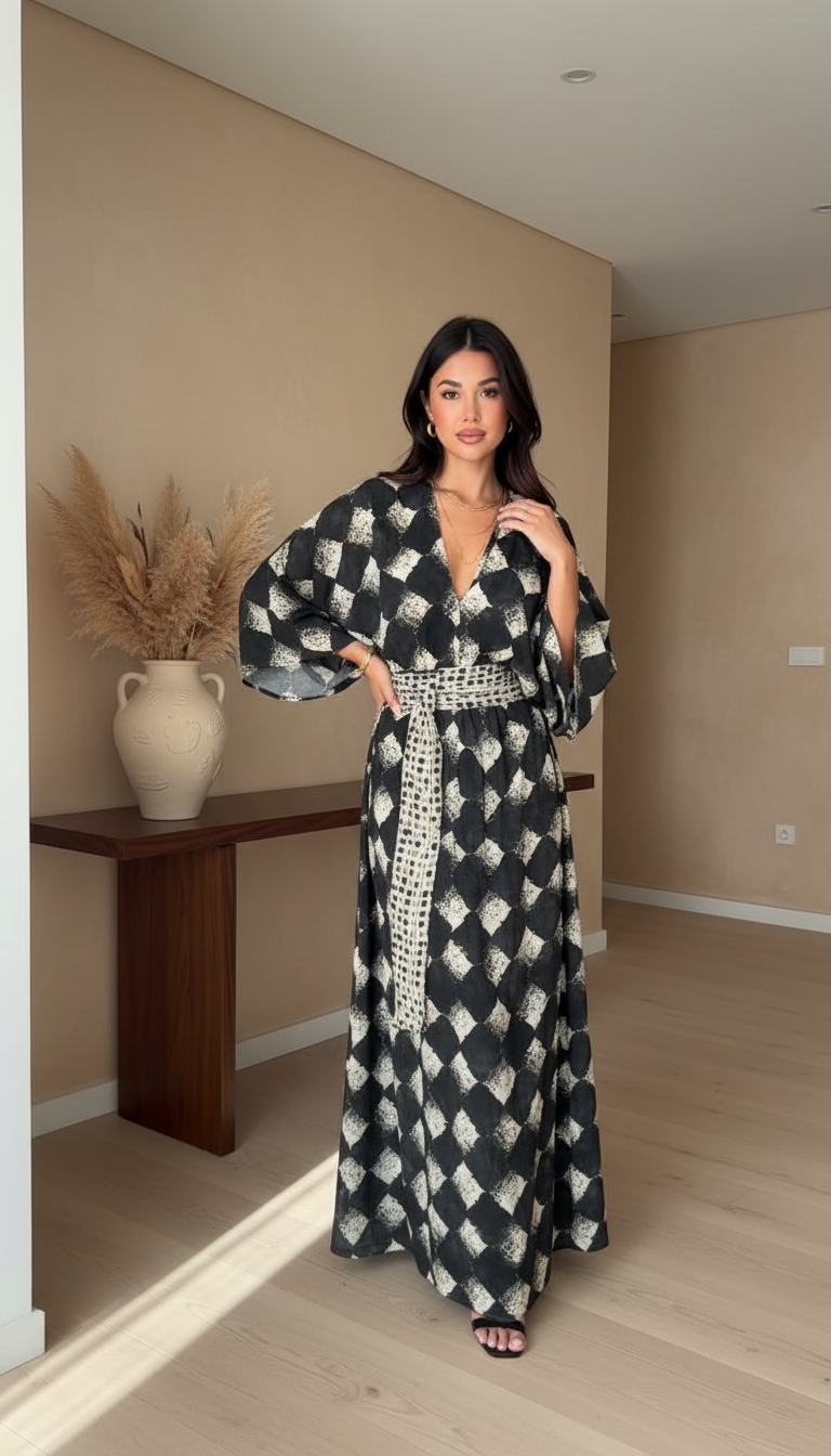 Black Geometric Print V-Neck Belted Kaftan Dress product image 6