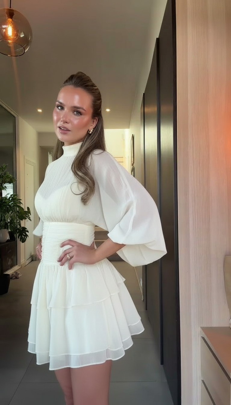 White Ruffle Pleated Ruffled Hem Mini Dress product image 6