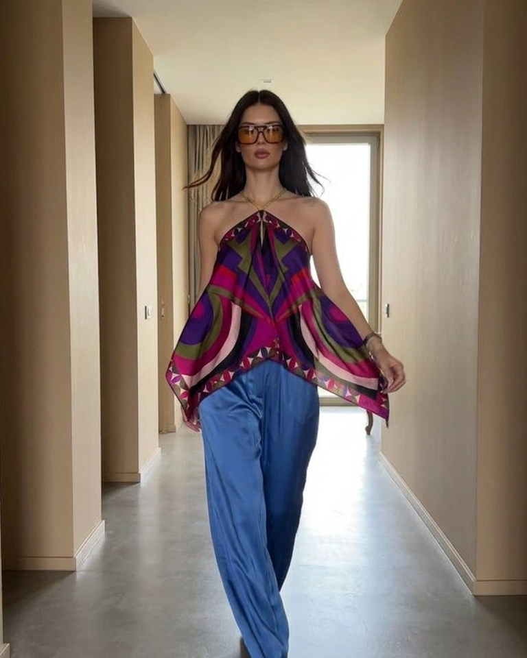 Geometric Print Halter Asymmetrical Hem Color Blocking Halter Top product image 6