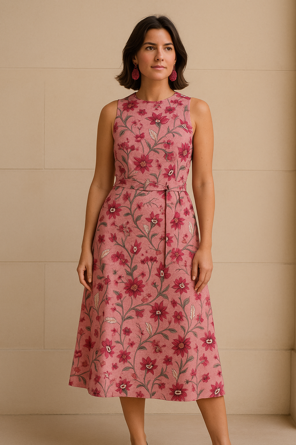 Pink Floral Belted Belted Waist Midi Dress product image 6