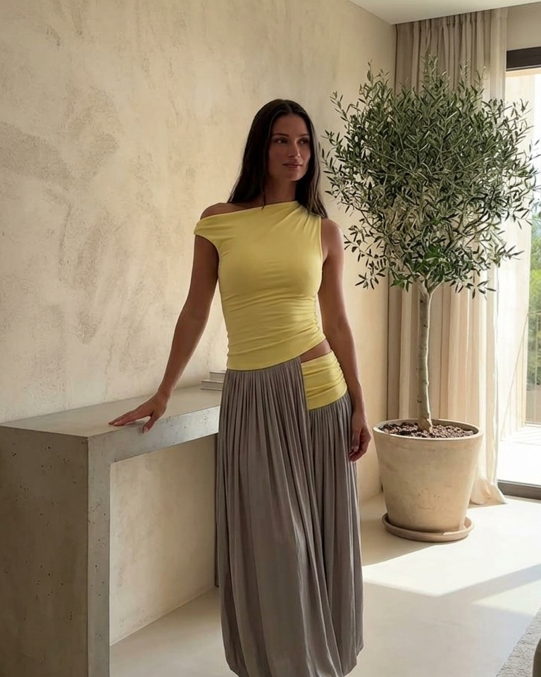 Yellow Asymmetrical Design High Waist Skirt Set product image 6