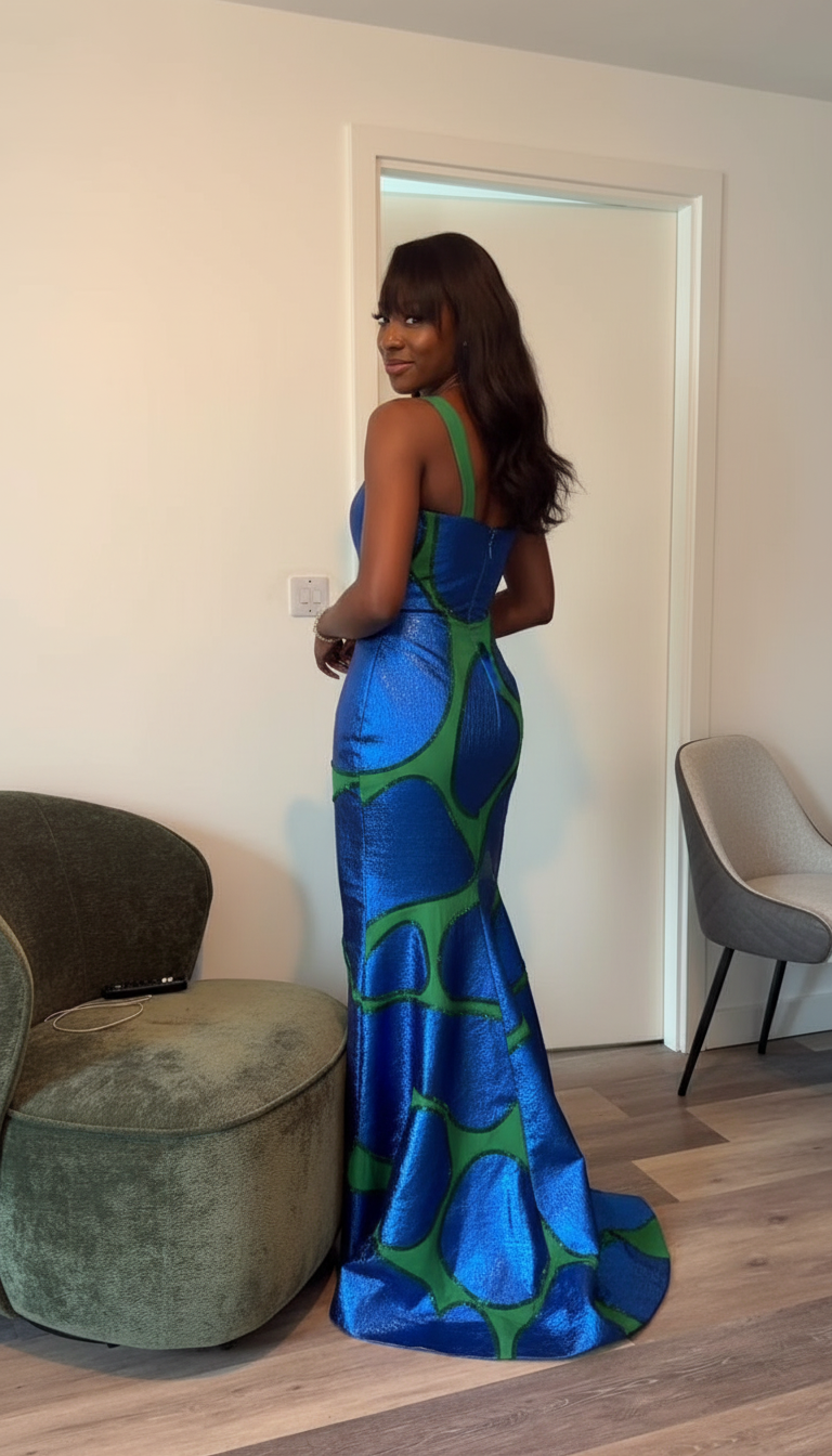 Blue Abstract Print Satin Silk Maxi Dress product image 6