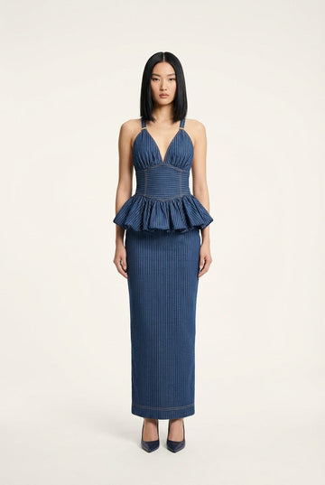 Women's Pinstripe Denim Peplum Maxi Dress with V-Neck Detail