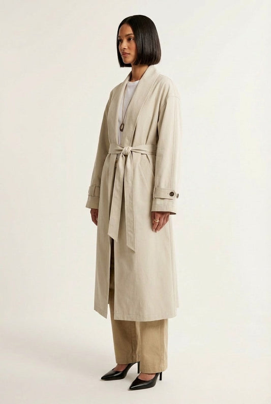 Women's Minimalist Cotton Twill Belted Trench Coat Longline Fit