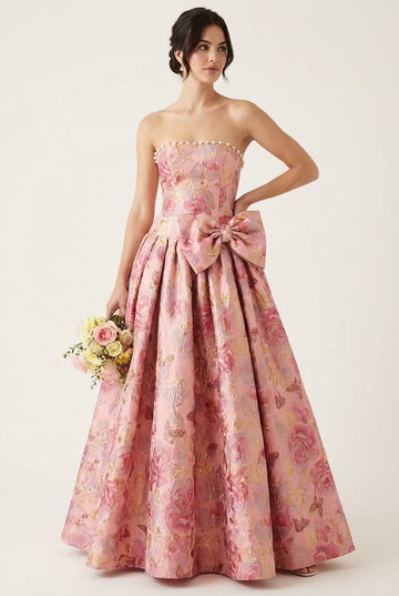 Women's Floral Brocade Strapless Gown With Pearl Trim And Bow Detail Formal