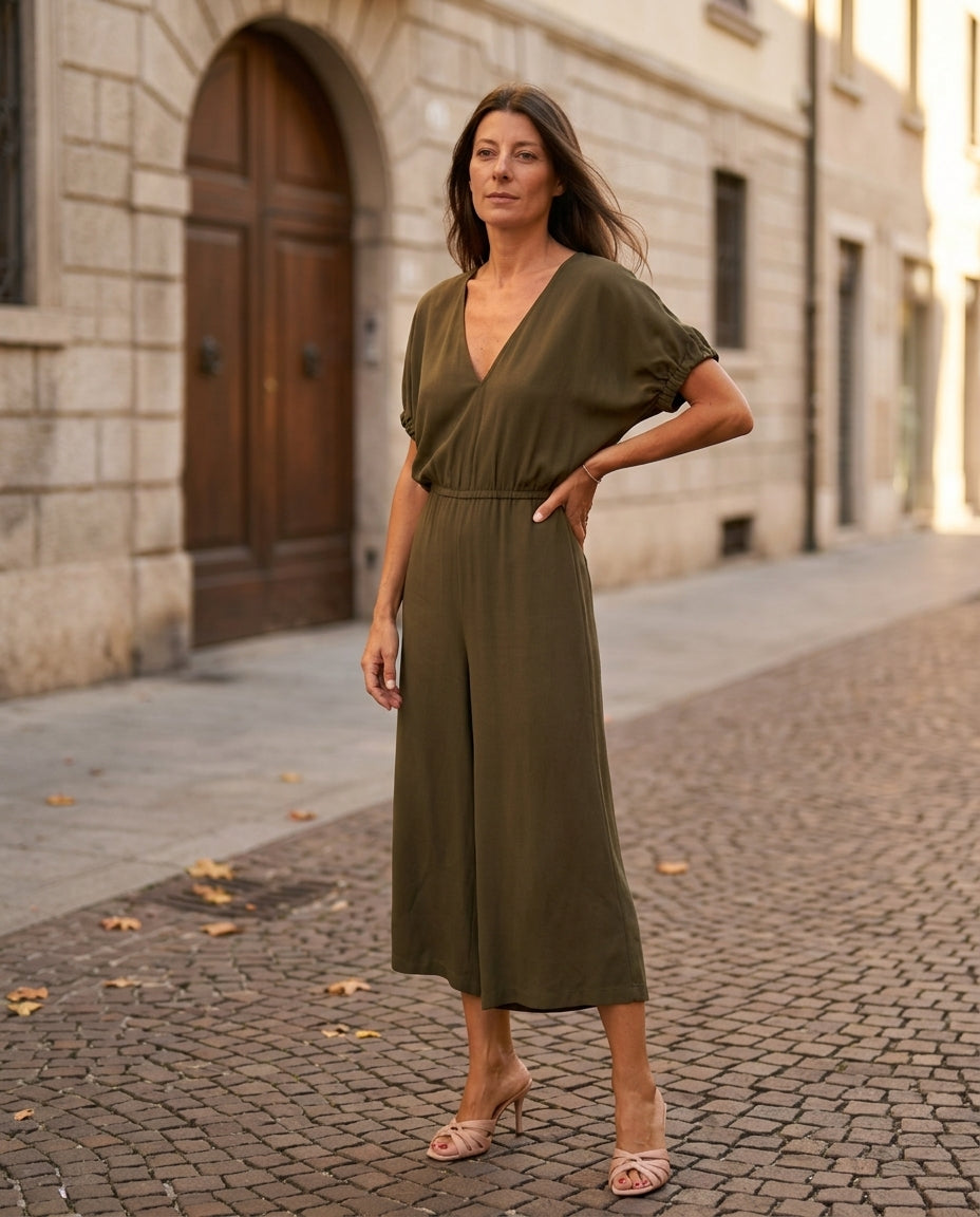 Olive Solace Evening Printed Jumpsuit Olive Jumpsuit with Cropped silhouette and Textured texture, fabric and construction detail for City Dinner, a gallery evening, Fall city dinners, cafe plans, gallery evenings, and polished weekend styling, US Coastal by floravincie