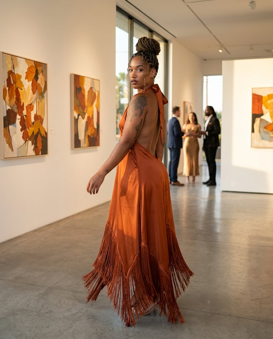 Rust Muse Wedding Guest Satin Maxi Dress Rust Maxi Dress with Relaxed Fit silhouette and Satin texture, fabric and construction detail for Wedding Guest, a fall city dinner, Fall late-summer to pre-fall transition: sell it as wearable now and still useful by floravincie