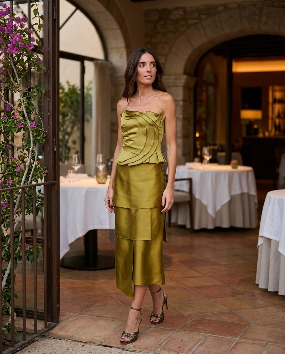 Olive Green Glow Wedding Guest Ruched Skirt Set Olive Green Skirt Set with Asymmetric silhouette and Satin texture, fabric and construction detail for Wedding Guest, an office-to-dinner transition, Fall current summer selling first with a light late-summe by floravincie