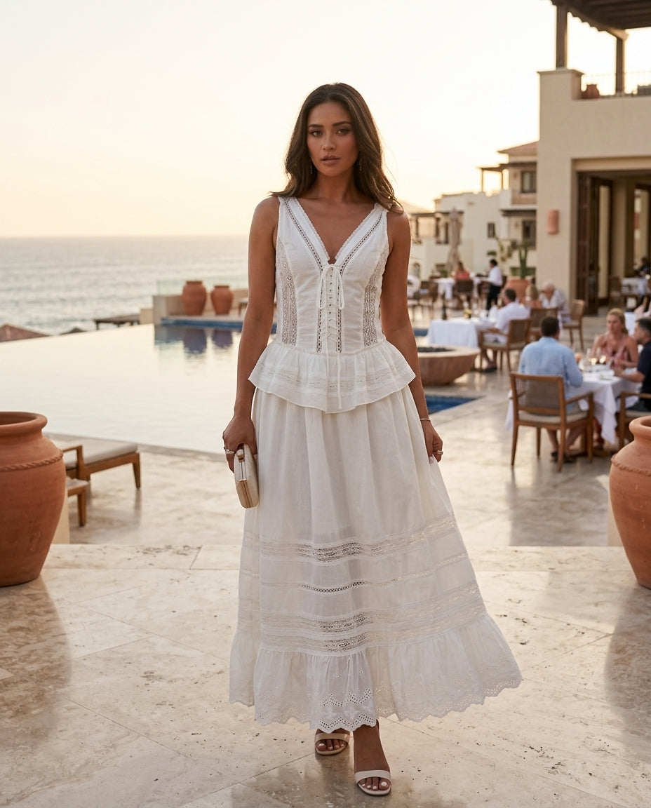 Ivory Lustre Wedding Guest Eyelet Maxi Dress Ivory Maxi Dress with Relaxed Fit silhouette and Textured texture, fabric and construction detail for Wedding Guest, a gallery evening, Fall current summer selling first with a light late-summer/pre-fall accent by floravincie