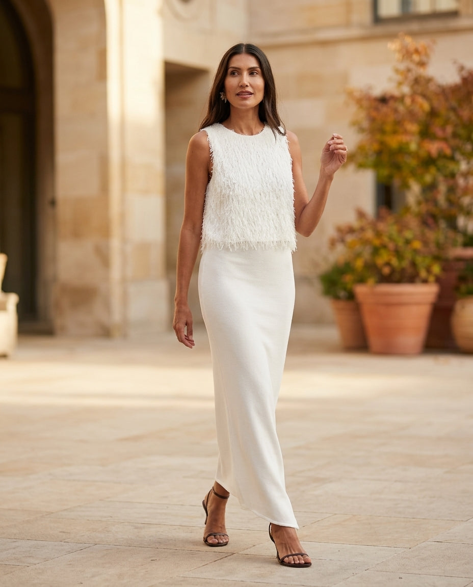 Ivory Poise Evening Ribbed Skirt Set Ivory Skirt Set with Flowing silhouette and Ribbed Knit texture, fabric and construction detail for City Dinner, a cafe plan, Fall city dinners, cafe plans, gallery evenings, and polished weekend styling, Euro Chic Pre by floravincie