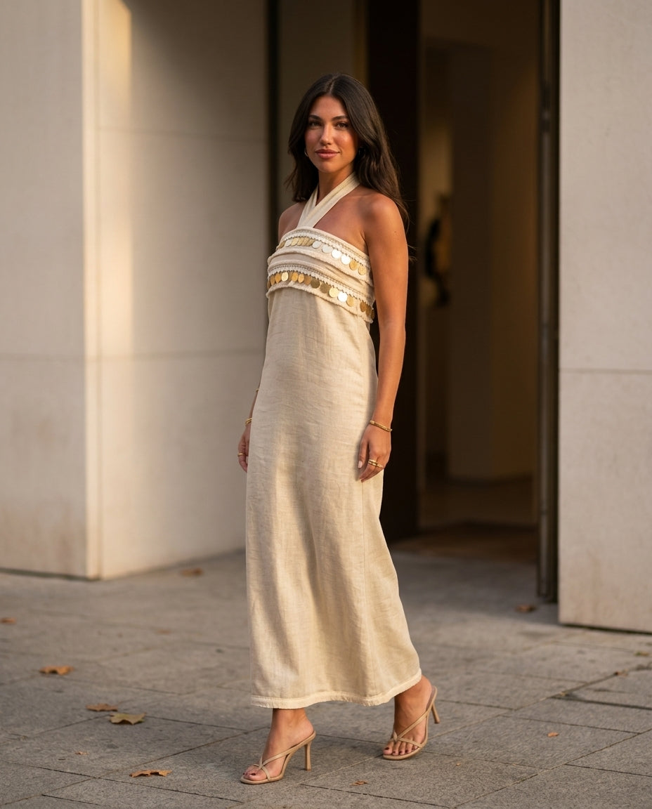 Sand Grace Evening Embroidered Maxi Dress Sand Maxi Dress with Relaxed Fit silhouette and Linen Blend texture, fabric and construction detail for City Dinner, a cafe plan, Fall city dinners, cafe plans, gallery evenings, and polished weekend styling, Euro by floravincie